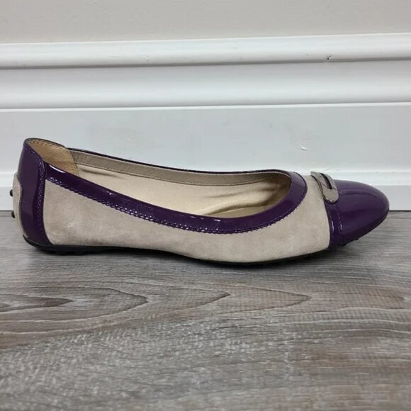TODS Cream Suede & Purple Patent Leather Embellished Cap Toe Ballet Flats Sz 5.5 - Picture 3 of 15